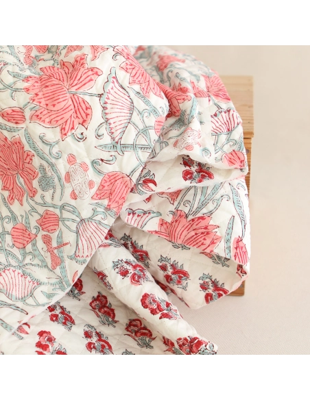 Yamini - Tissu indien matelassé double face coton hand block teal largeur 100cm