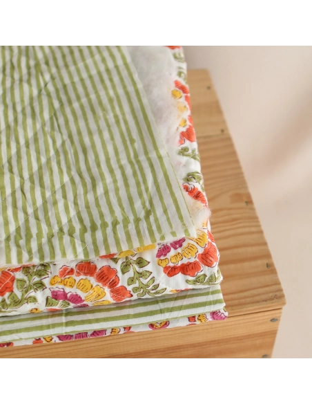 Ravi - Tissu indien matelassé double face coton hand block teal largeur 100cm