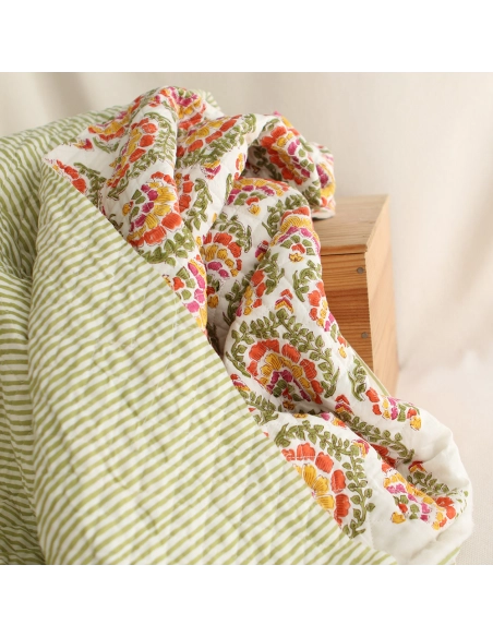 Ravi - Tissu indien matelassé double face coton hand block teal largeur 100cm