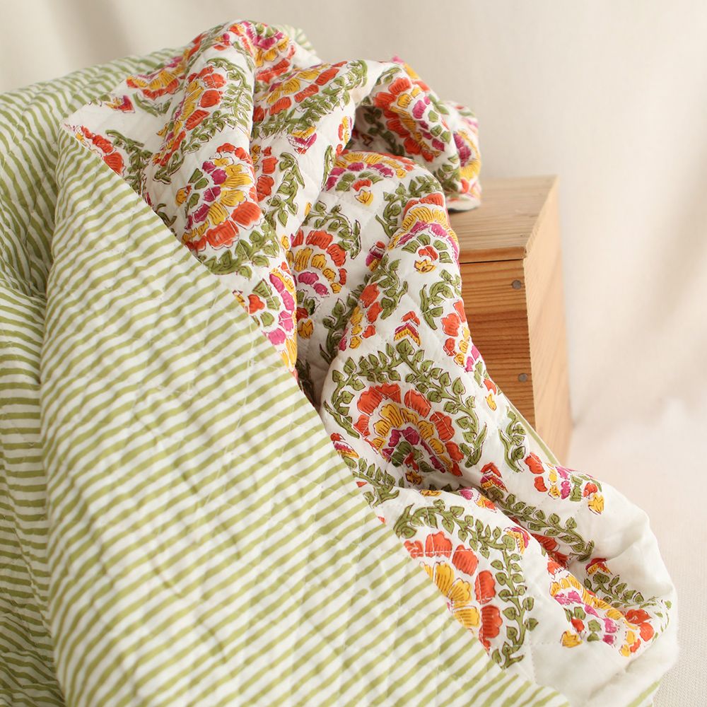 Ravi - Tissu indien matelassé double face coton hand block teal largeur 100cm