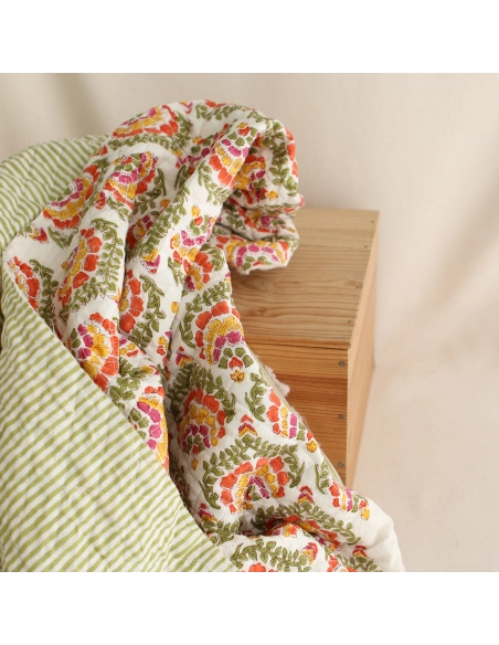 Ravi - Tissu indien matelassé double face coton hand block teal largeur 100cm