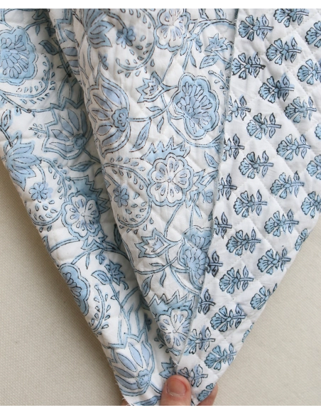 Amayra - Tissu indien matelassé double face coton hand block teal largeur 100cm