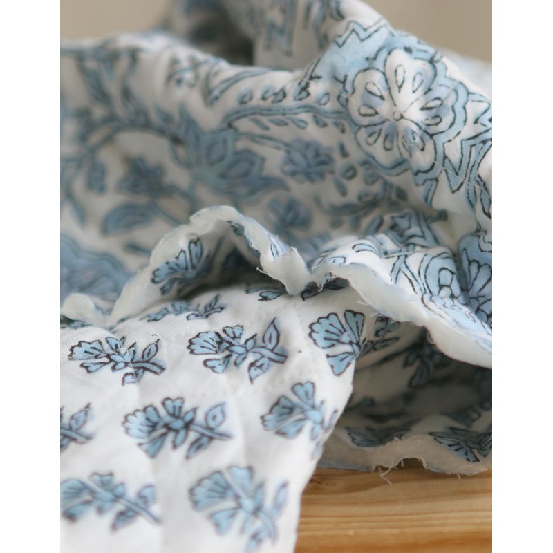 Amayra - Tissu indien matelassé double face coton hand block teal largeur 100cm