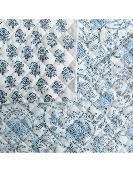 Amayra - Tissu indien matelassé double face coton hand block teal largeur 100cm