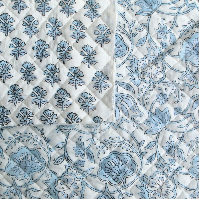 Amayra - Tissu indien matelassé double face coton hand block teal largeur 100cm