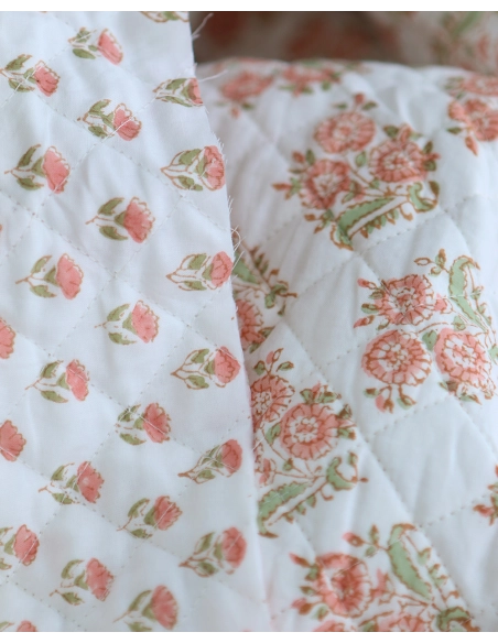 Anika - Tissu indien matelassé double face coton hand block teal largeur 100cm