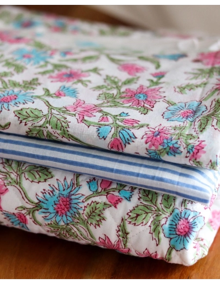 Rayures bleu - Tissu indien coton hand block traditionnel