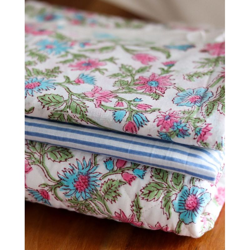 Rayures bleu - Tissu indien coton hand block traditionnel