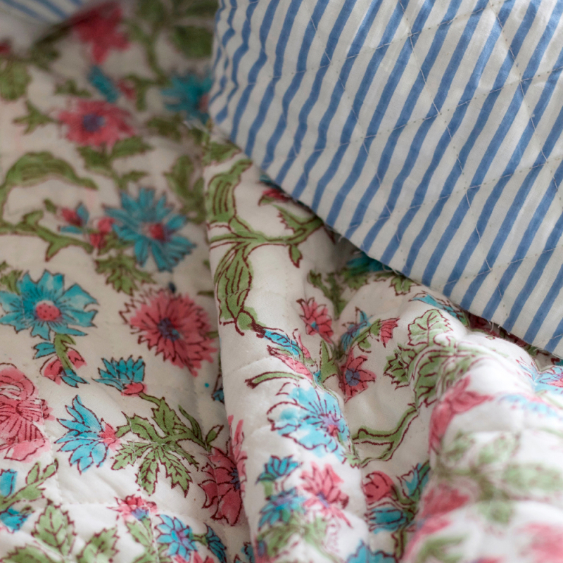 Sanjay - Tissu indien matelassé double face coton hand block largeur 100cm