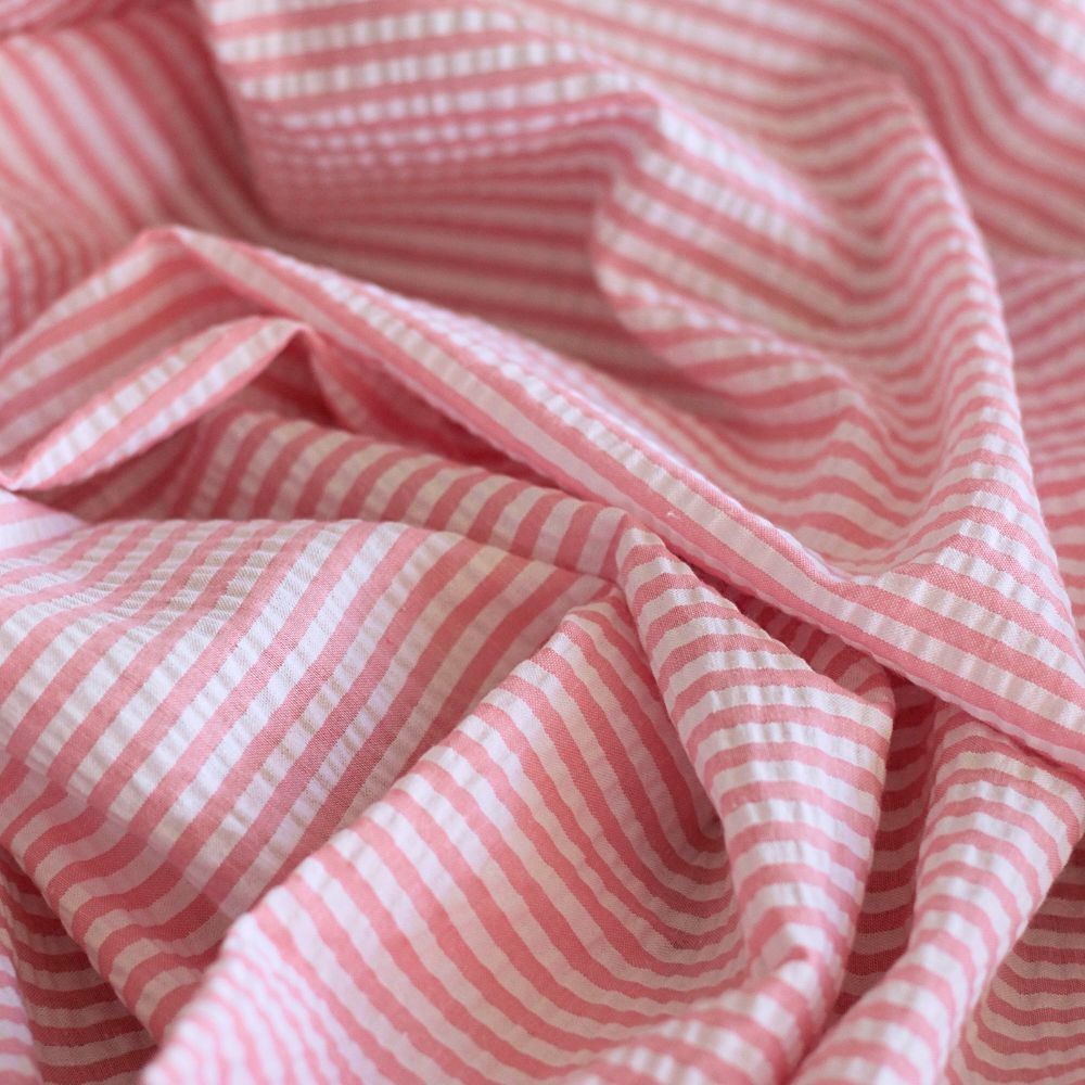 Seersucker / Coton mélangé gaufré rayures candy rose