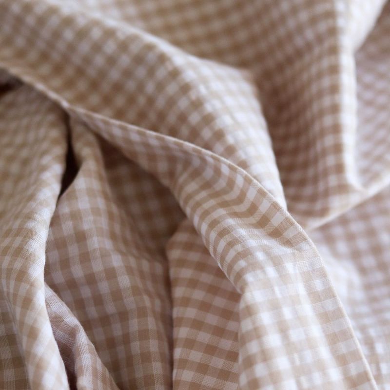 Seersucker / Coton gaufré vichy blanc et sable