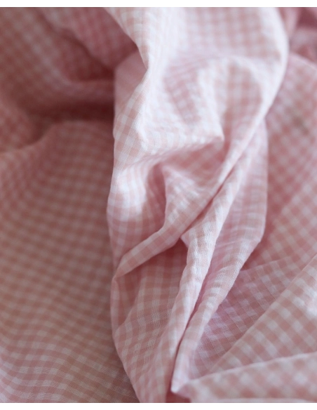 Seersucker / Coton gaufré vichy blanc et rose nude