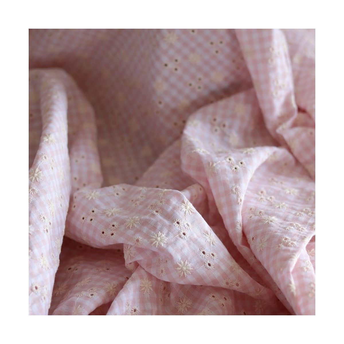 copy of Seersucker / Coton gaufré vichy blanc et sable broderie