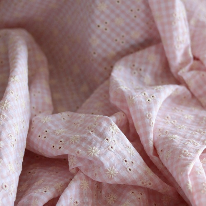 copy of Seersucker / Coton gaufré vichy blanc et sable broderie