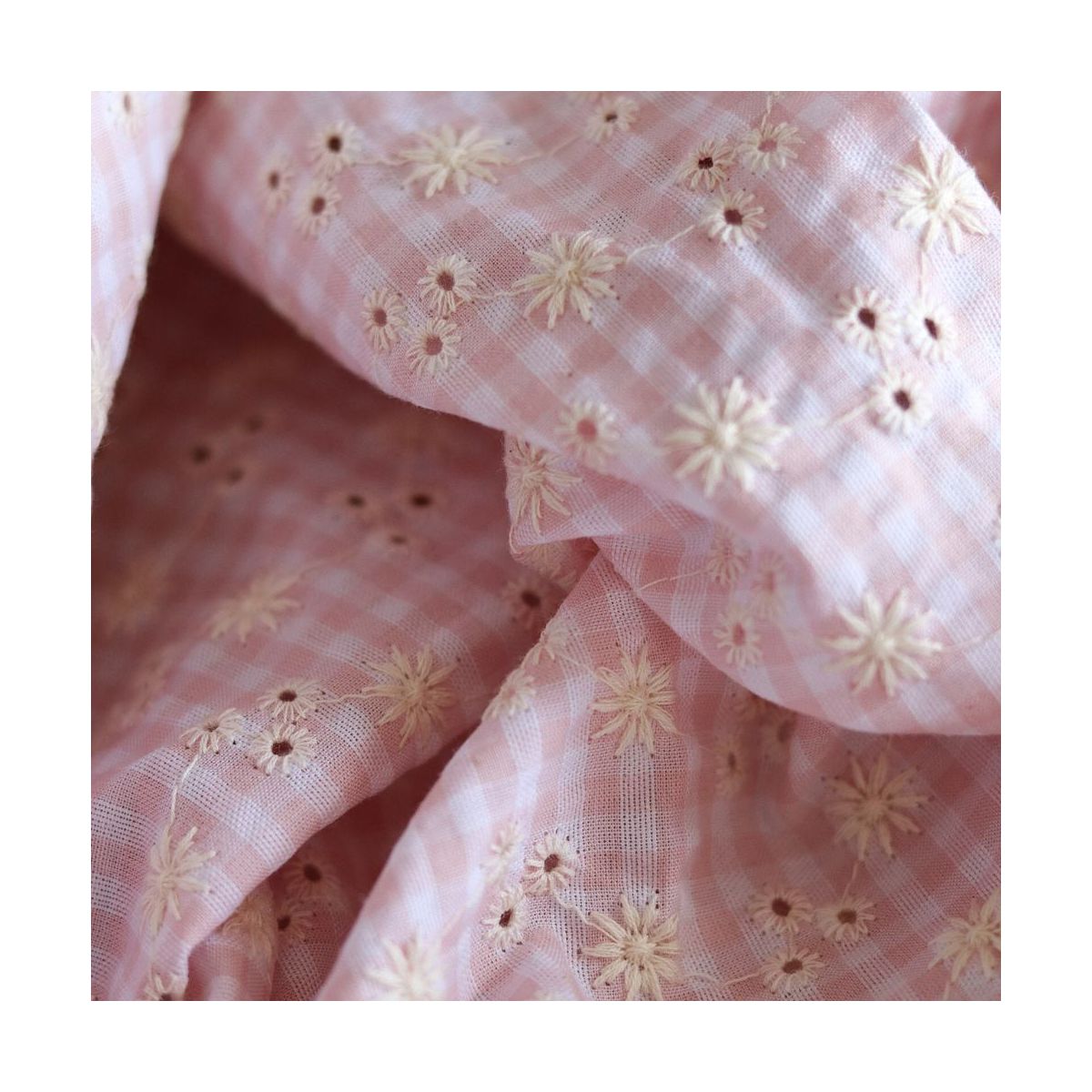 copy of Seersucker / Coton gaufré vichy blanc et sable broderie