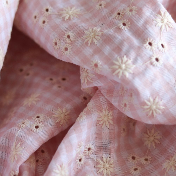 copy of Seersucker / Coton gaufré vichy blanc et sable broderie