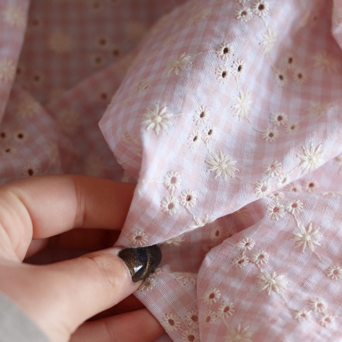 copy of Seersucker / Coton gaufré vichy blanc et sable broderie