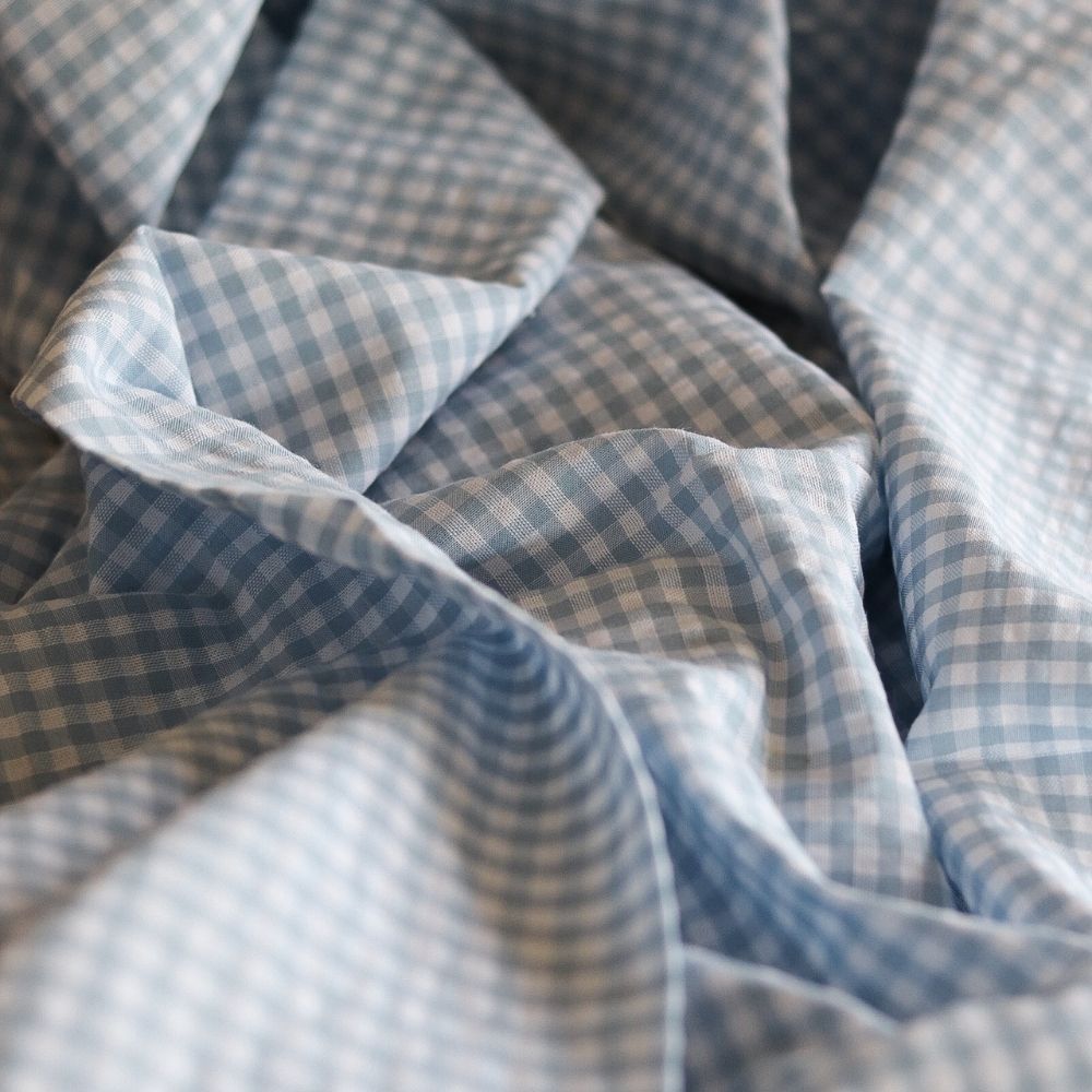 Seersucker / Coton gaufré vichy blanc et bleu ciel