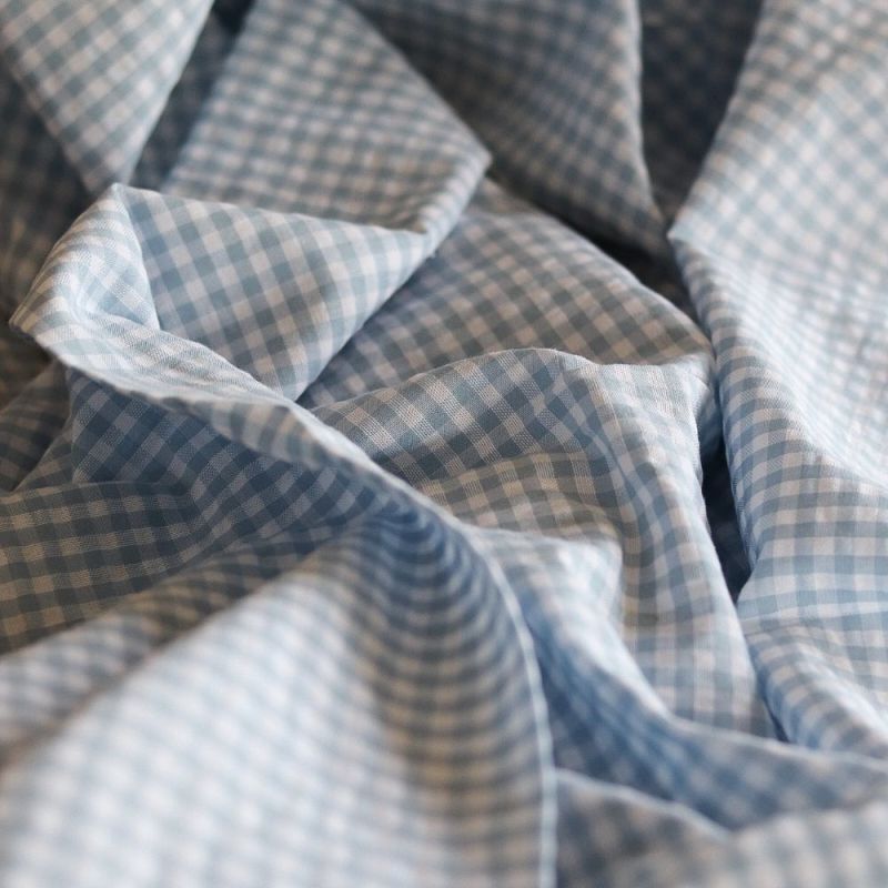 Seersucker / Coton gaufré vichy blanc et bleu ciel