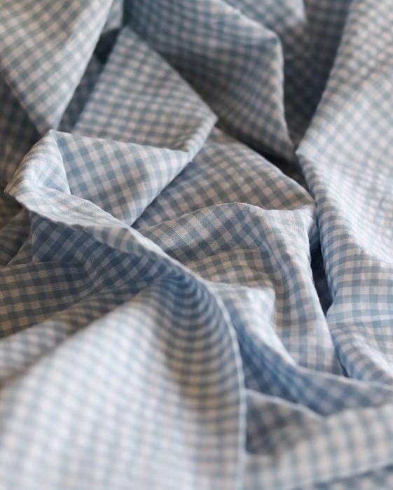 Seersucker / Coton gaufré vichy blanc et bleu ciel