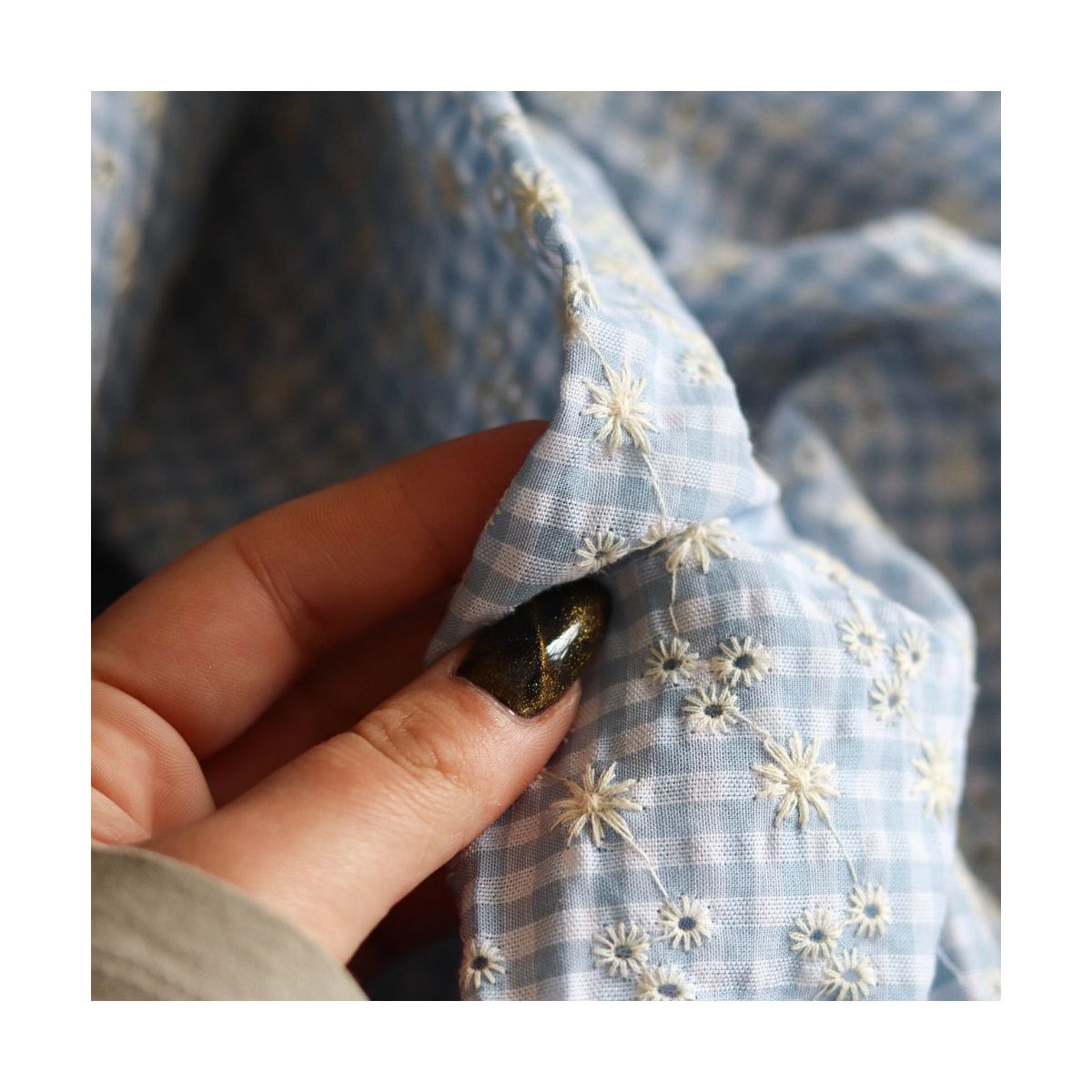 Seersucker / Coton gaufré vichy blanc et bleu ciel broderie