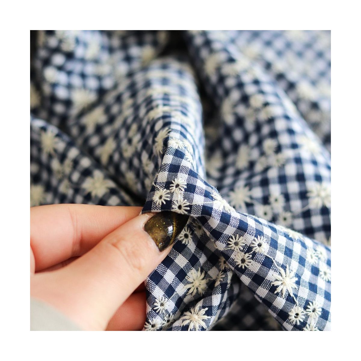 Seersucker / Coton gaufré vichy blanc et bleu marine broderie