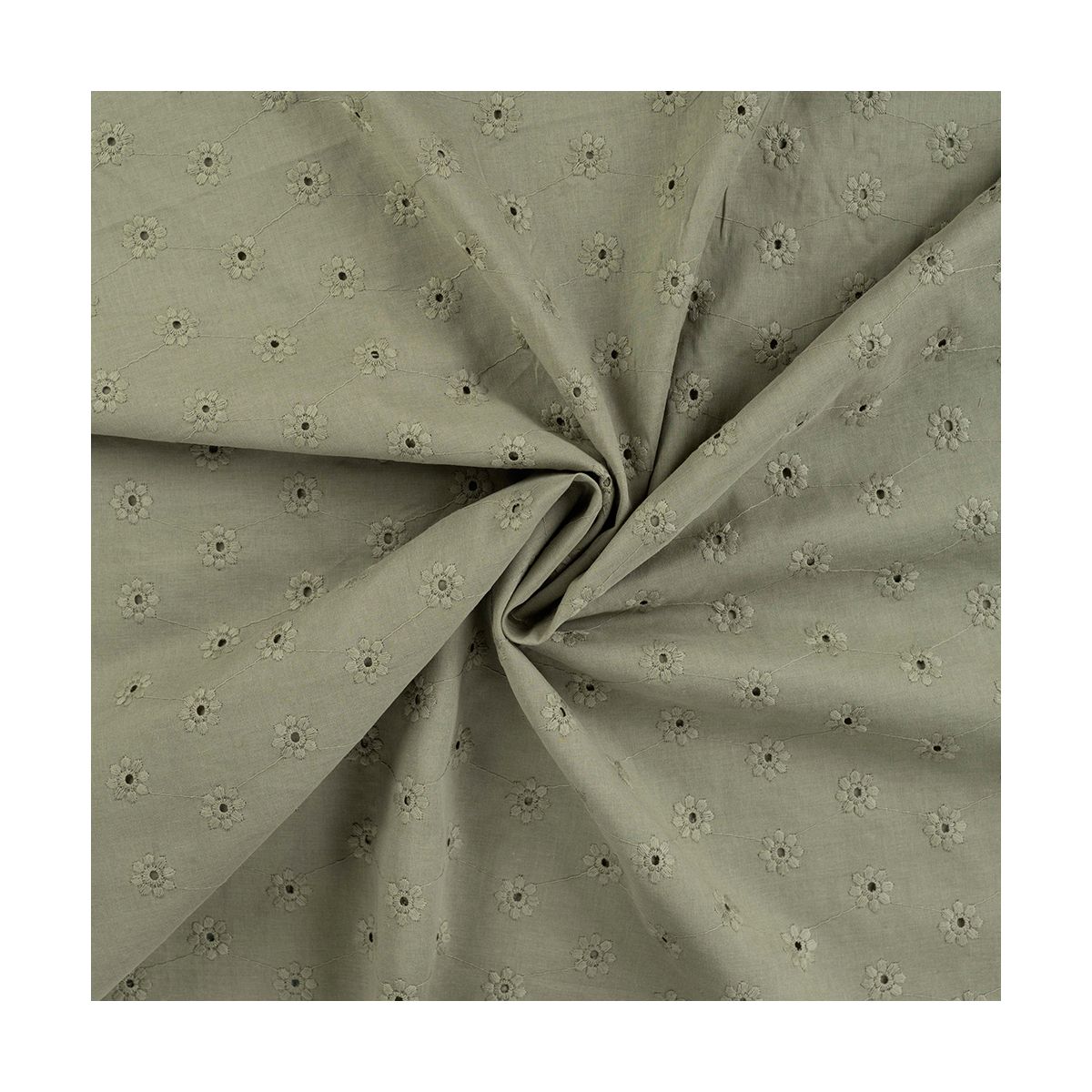 Voile de coton broderies fleuri ton sur ton kaki Voile de coton broderies fleuri ton sur ton kaki