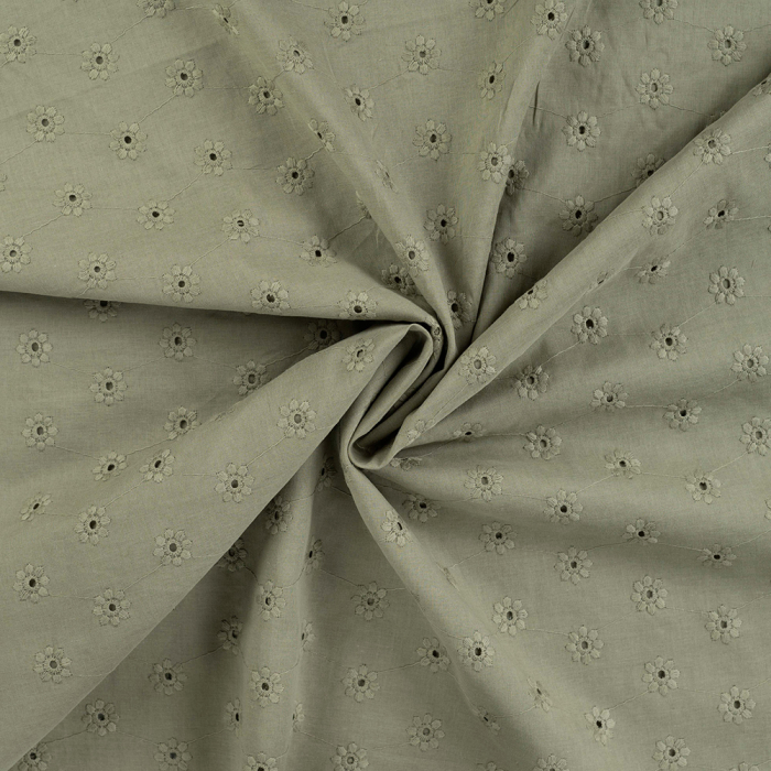 Voile de coton broderies fleuri ton sur ton kaki