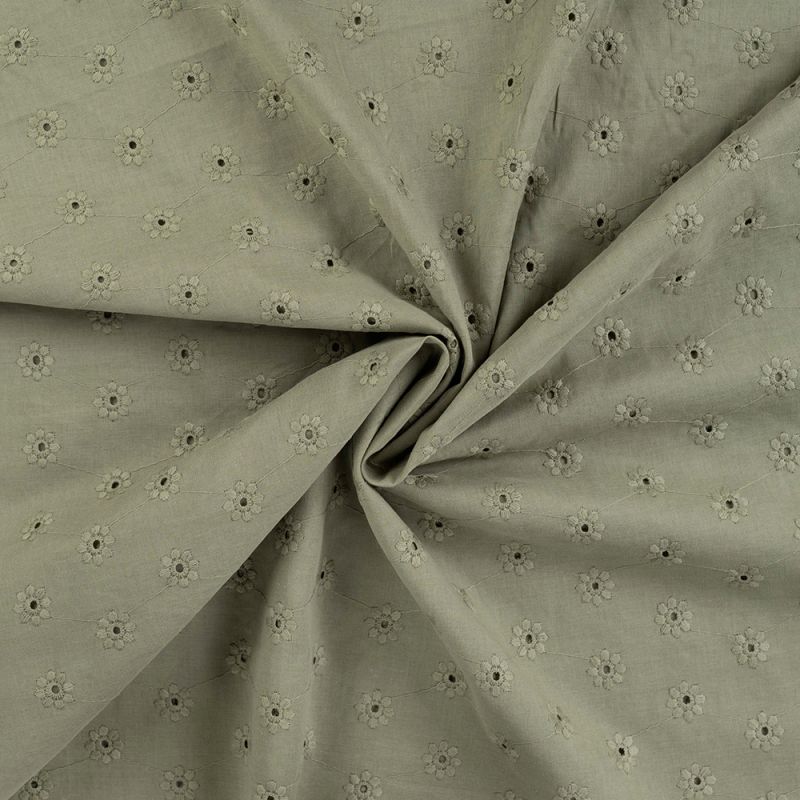 Voile de coton broderies fleuri ton sur ton kaki