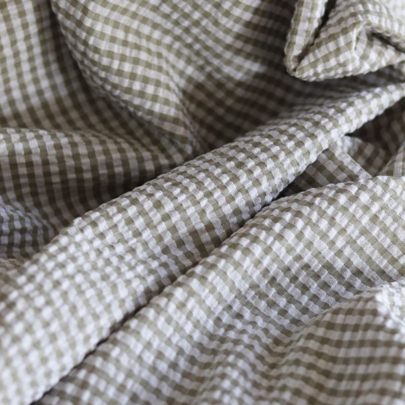 Seersucker / Coton mélangé gaufré vichy kaki clair