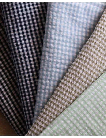 Seersucker / Coton mélangé gaufré vichy kaki clair
