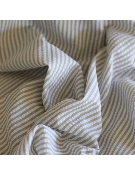 Seersucker / Coton mélangé gaufré rayures kaki clair