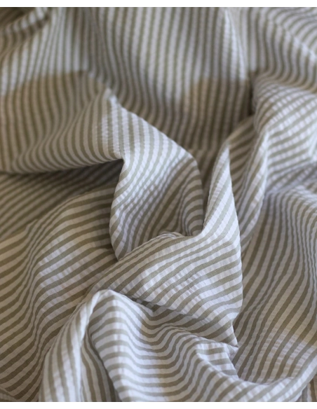 Seersucker / Coton mélangé gaufré rayures kaki clair