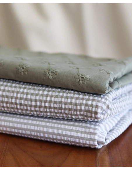 Seersucker / Coton mélangé gaufré rayures kaki clair