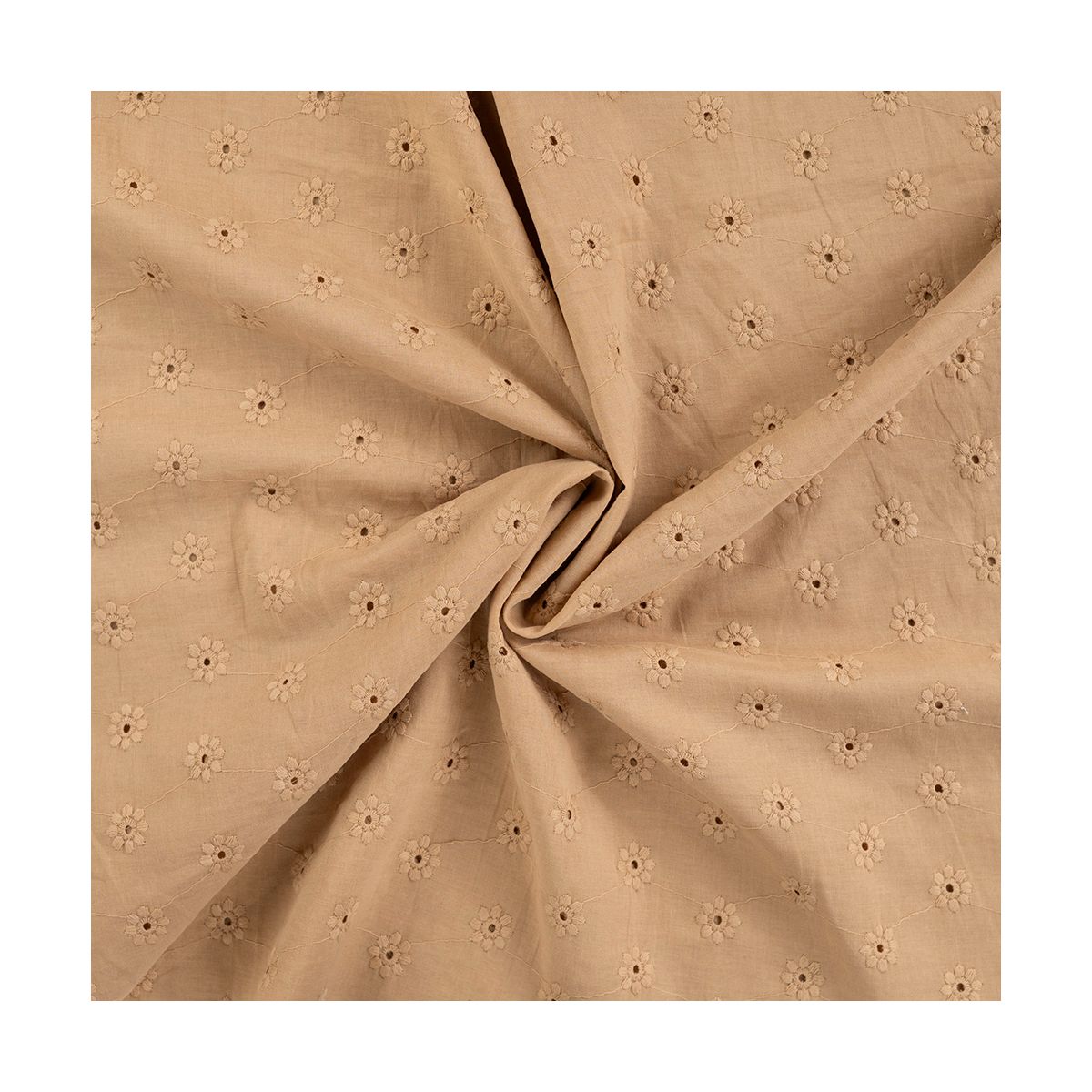 Voile de coton broderies fleuri ton sur ton camel clair Voile de coton broderies fleuri ton sur ton camel clair