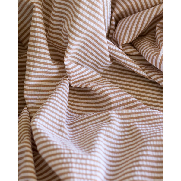 Seersucker / Coton mélangé gaufré rayures camel clair