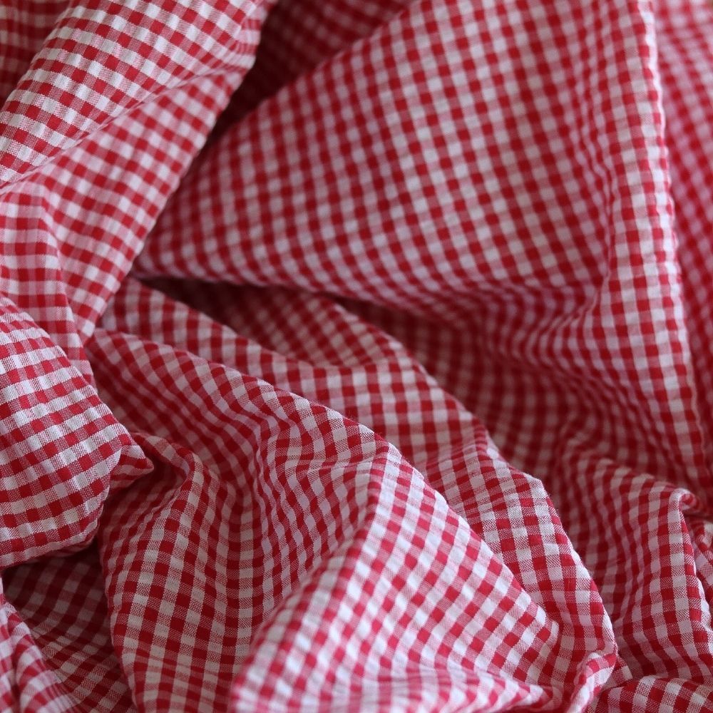 Seersucker / Coton mélangé gaufré vichy blanc et rouge