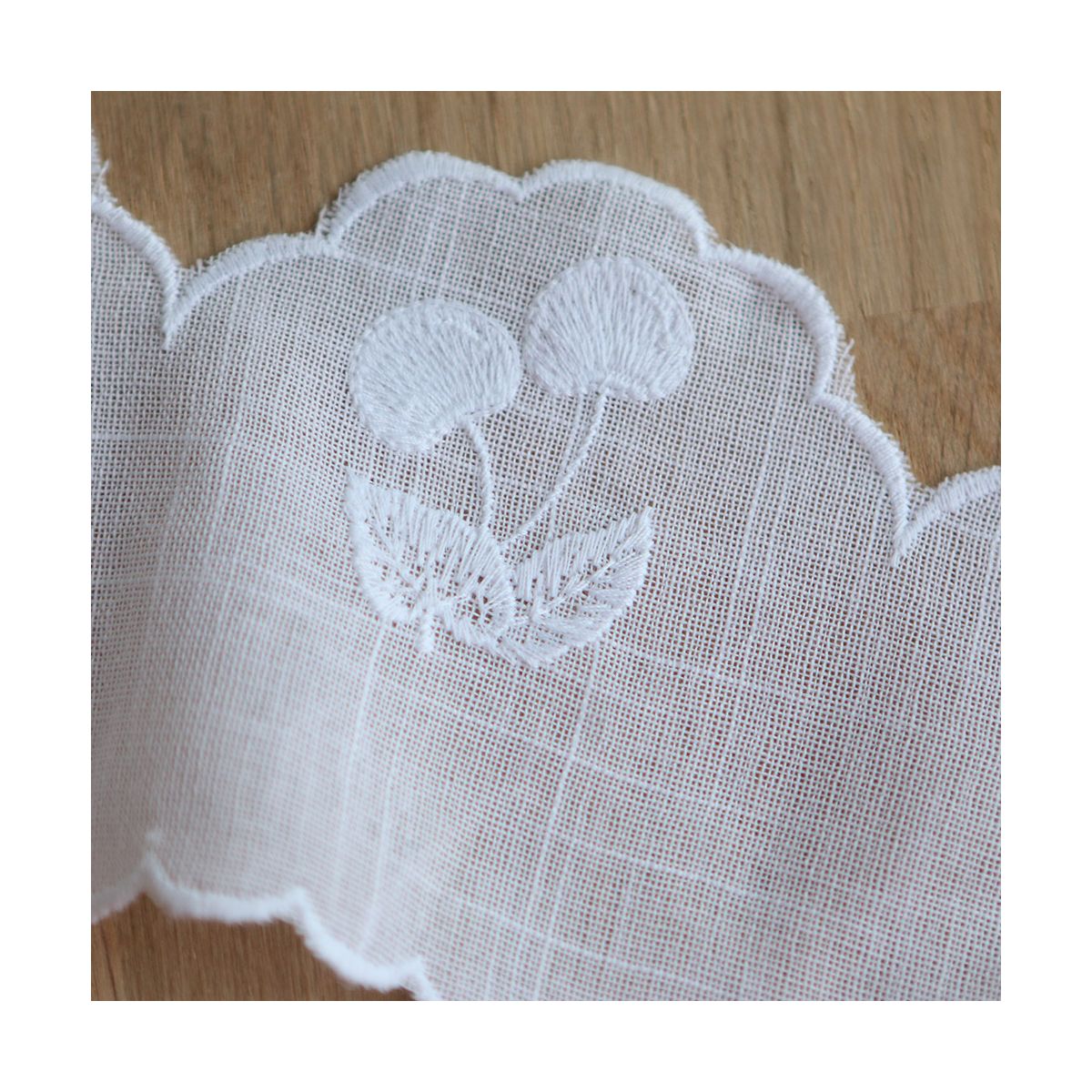 Galon broderie cerises ton sur ton blanc 95mm x1m Galon broderie cerises ton sur ton blanc 95mm x1m