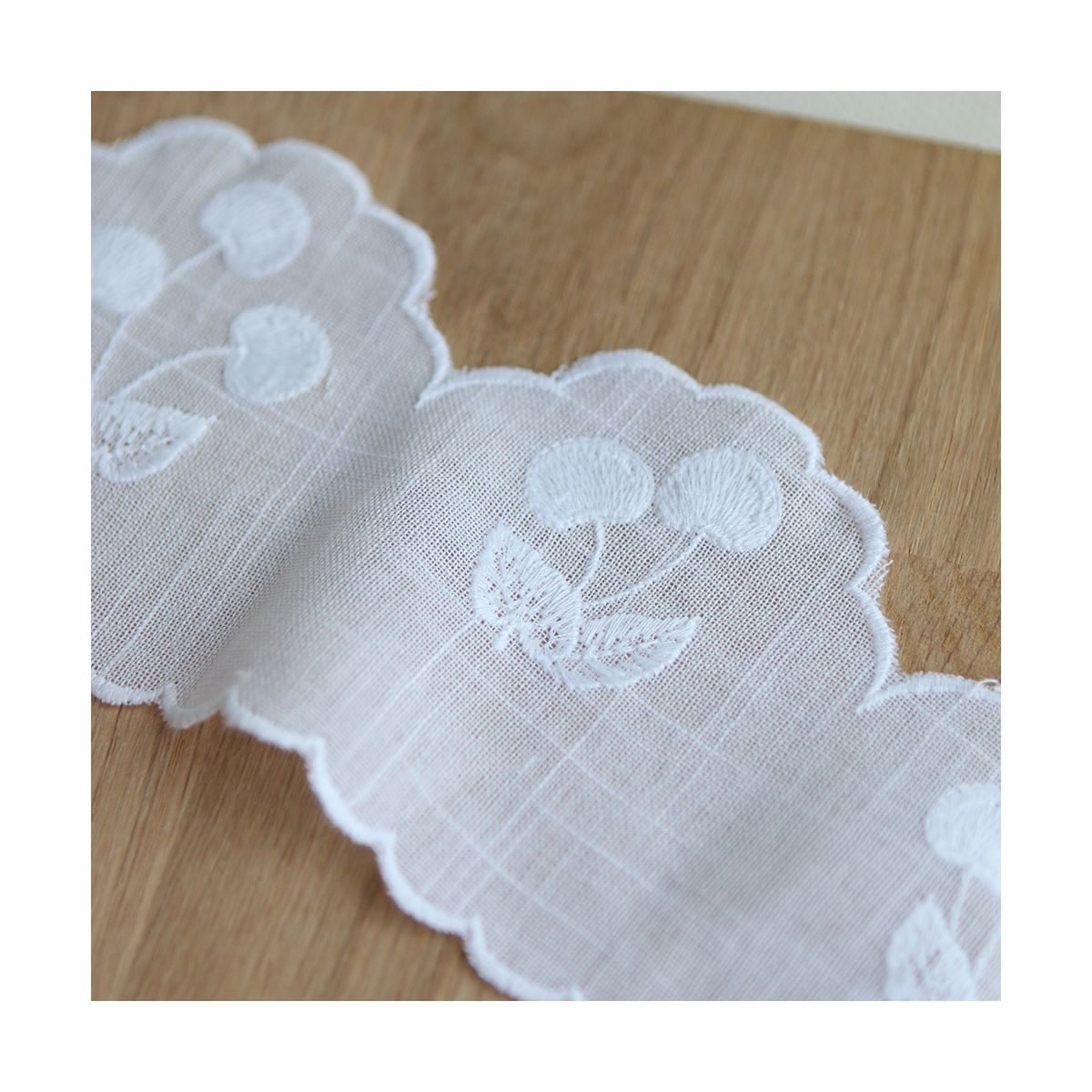 Galon broderie cerises ton sur ton blanc 95mm x1m Galon broderie cerises ton sur ton blanc 95mm x1m