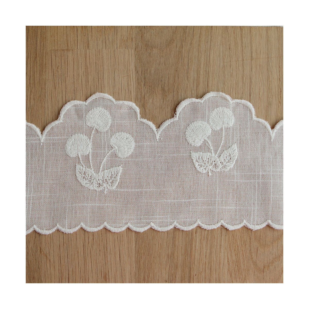 Galon effet lin broderie cerises ton sur ton écru 95mm x1m Galon effet lin broderie cerises ton sur ton écru 95mm x1m