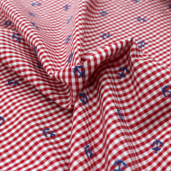 Popeline coton BIO vichy rouge broderies ancres marines