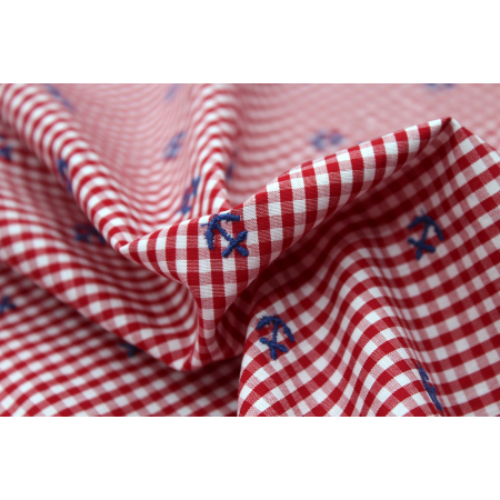 Popeline coton BIO vichy rouge broderies ancres marines Popeline coton BIO vichy rouge broderies ancres marines