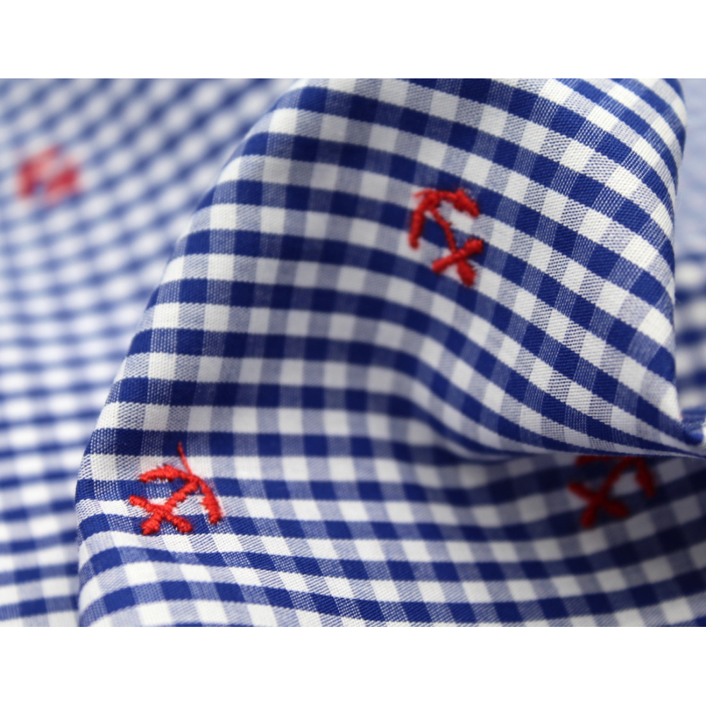 Popeline coton BIO vichy bleu broderies ancres marines