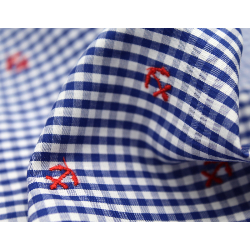 Popeline coton BIO vichy bleu broderies ancres marines