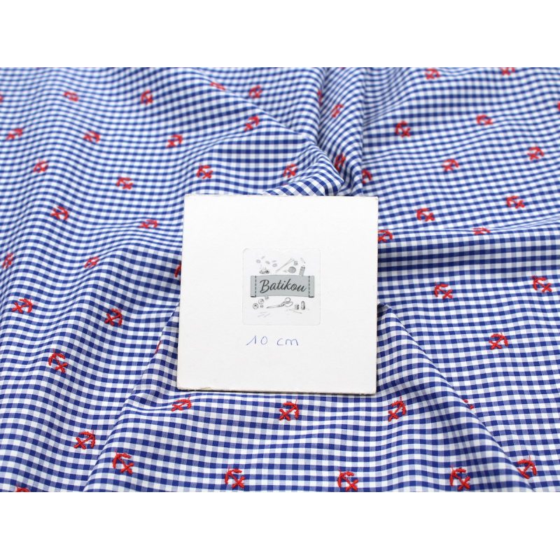 Popeline coton BIO vichy bleu broderies ancres marines