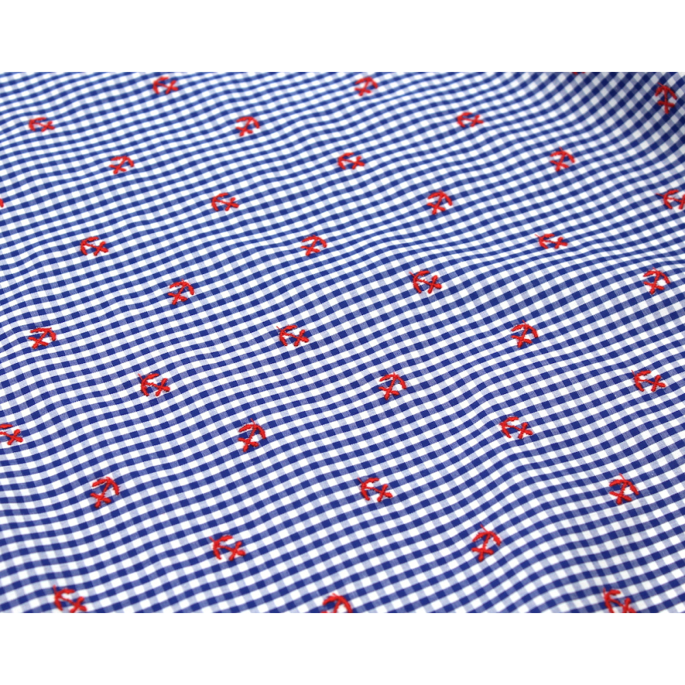 Popeline coton BIO vichy bleu broderies ancres marines