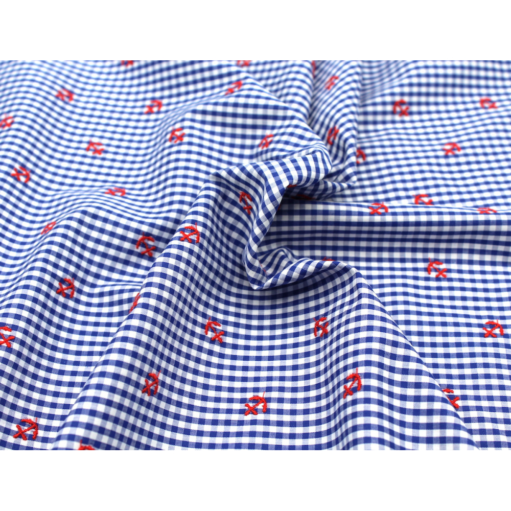 Popeline coton BIO vichy bleu broderies ancres marines