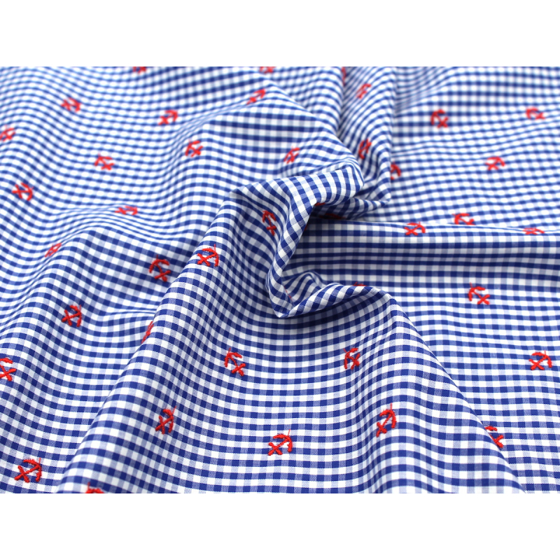 Popeline coton BIO vichy bleu broderies ancres marines