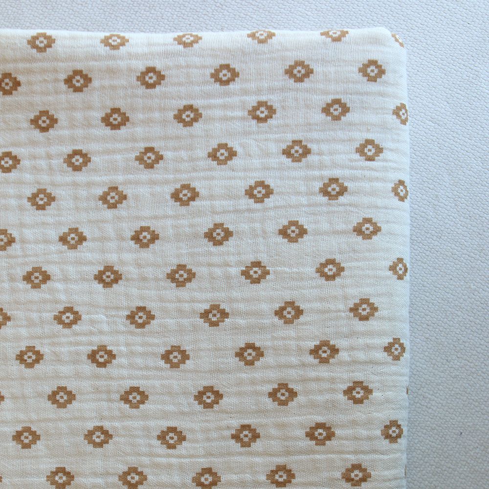 Maya - Double gaze coton BIO motif fond écru camel