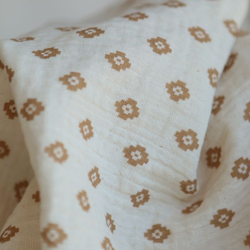 Maya - Double gaze coton BIO motif fond écru camel